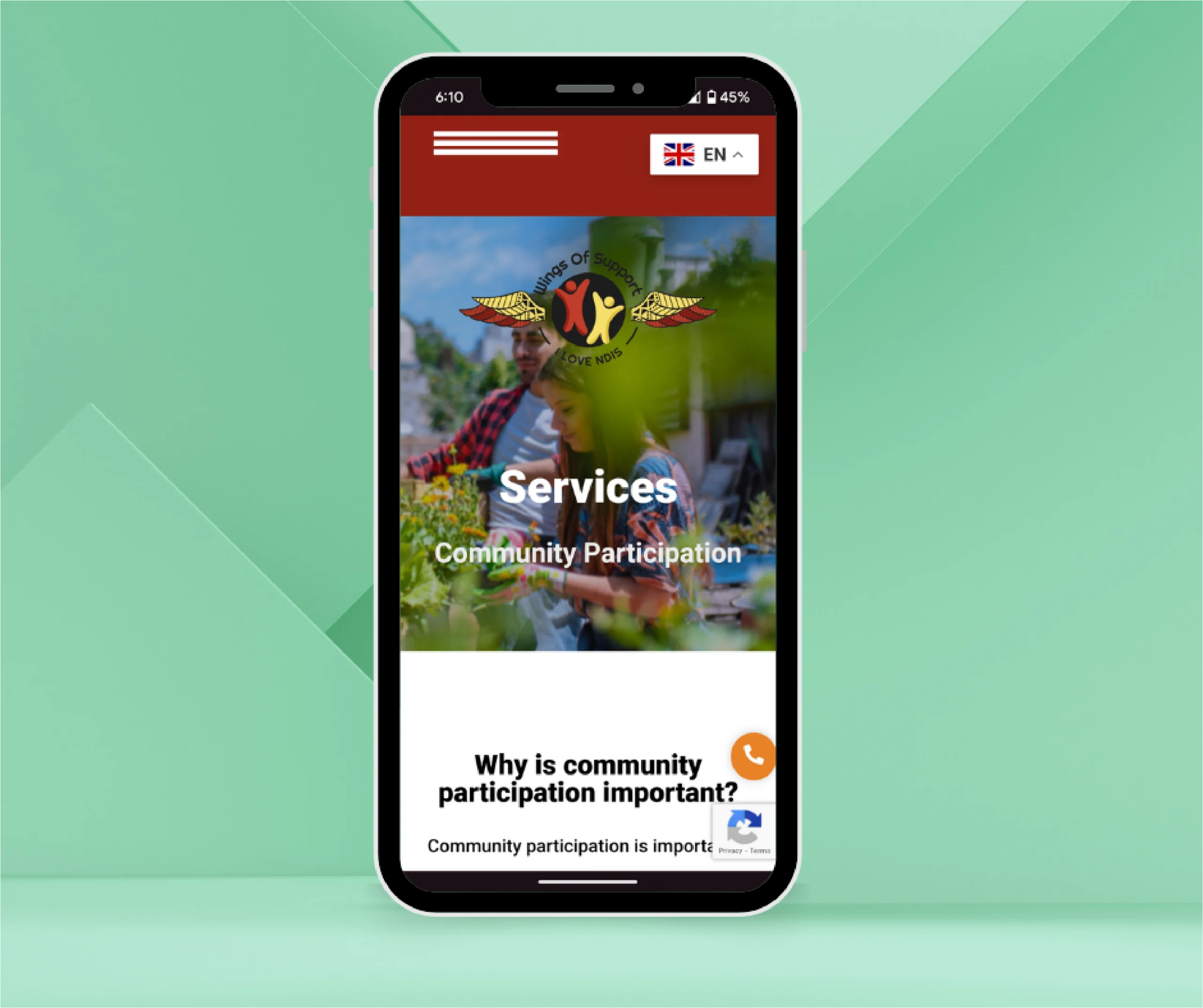 Mobile mock up of NDIS website Wings of Support